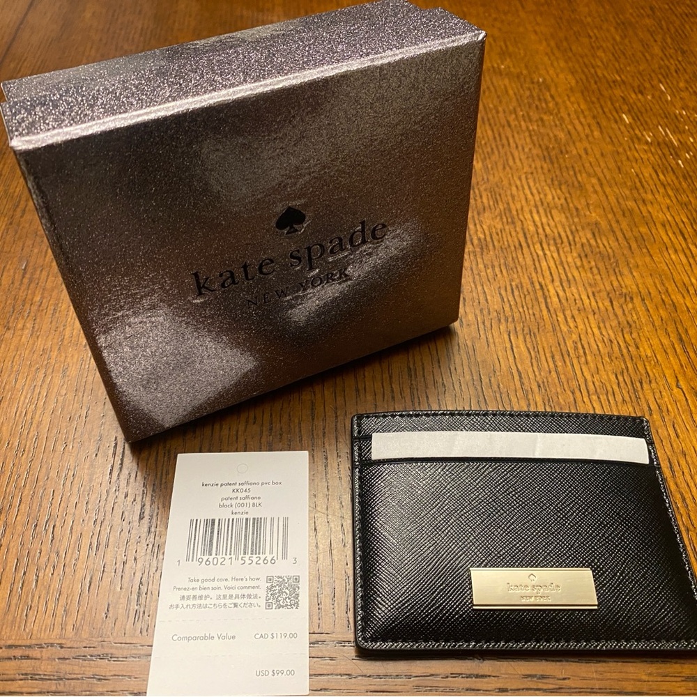 Kate Spade Kenzie Patent Saffiano Slim card holder black and silver new in box.